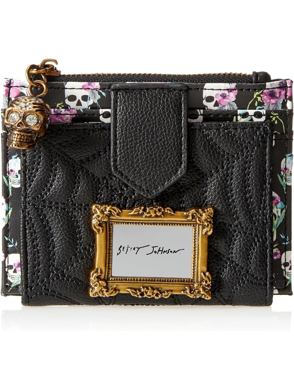 Betsey Johnson Black Floral Skull Card Wallet with Gold Skull Charm, NWT 🖼️ 💀